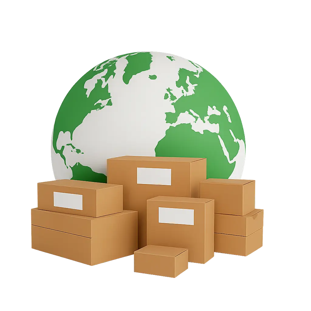The planet earth (in green tones) with boxes in front